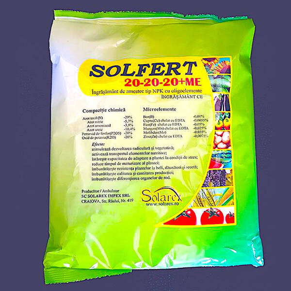 Solfert 20-20-20+ME 20 kg, ingrasamant foliar echilibrat tip NPK+ microelemente (Bor, Cupru, Fier, Mangan, Molibden, Zinc), stimuleaza dezvoltarea radiculara si vegetativa, imbunatateste calitatea si cantitatea productiei