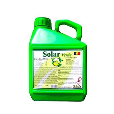 Solar Verde 3 L, ingrasamant foliar lichid, Solarex, pe baza de Azot, Magneziu si microelemente (Bor, Cupru, Fier, Mangan, Zinc) pentru culturile de cereale, floarea soarelui, vita de vie, pomi si arbusti fructiferi, porumb