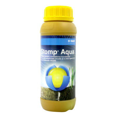 Stomp Aqua 1L, erbicid preemergent selectiv, BASF, combate buruienile monocotiledonate anuale si unele dicotiledonate anuale in culturile de porumb, floarea soarelui, grau, ceapa, vita de vie, pomi fructiferi, tomate, orz, cartof