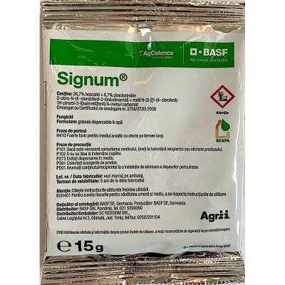 Signum 15 gr, fungicid sistemic, BASF, putregai brun si mumificarea fructelor (cais, piersic, cires, visin, prun), putregai cenusiu si fainare (tomate), alternarioza (morcov, varza), putregai cenusiu (varza, ardei, vinete, praz, capsun)